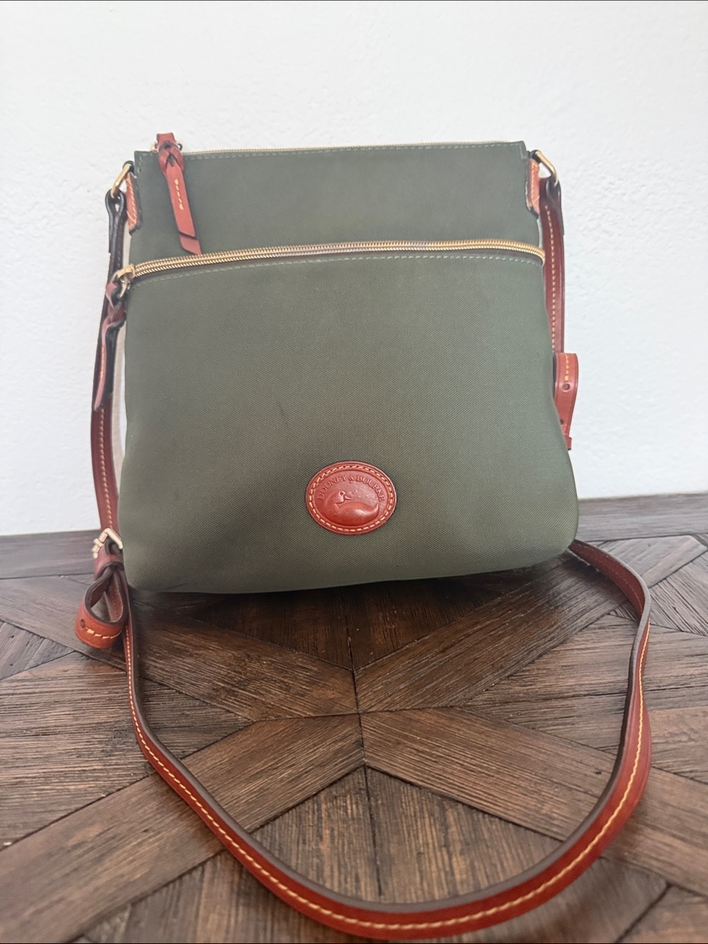 Dooney & Bourke Olive Green Nylon Crossbody Bag Brown Leather Trim Purse
